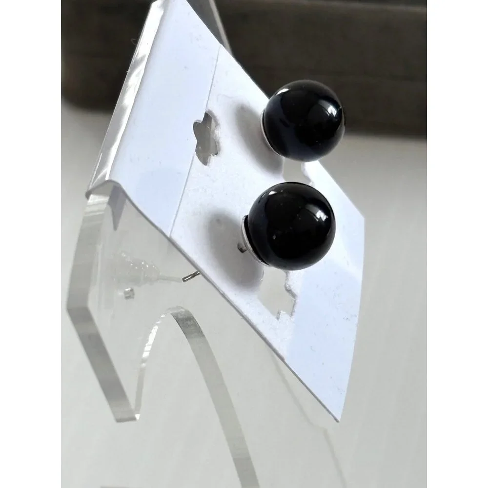 Black Round Ball Stud Earrings With Silver Accents - Picture 4 of 4